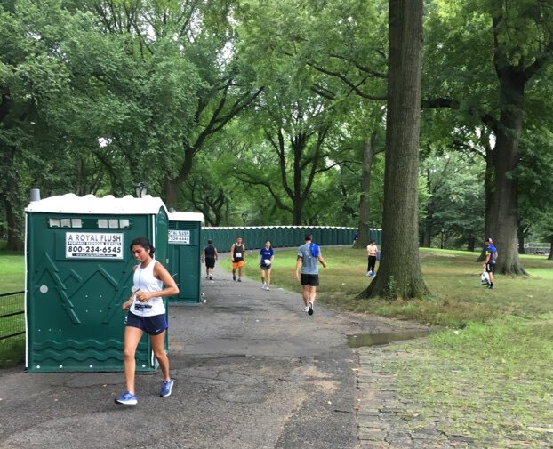 Image of a row of A Royal Flush portable restrooms in a park with joggers passing by
