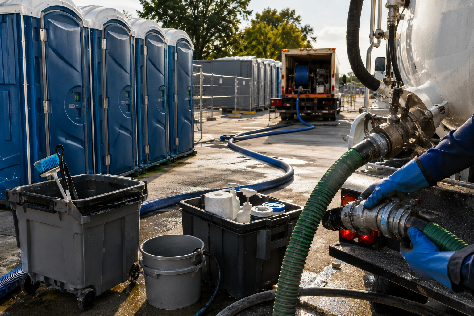 Portable restroom service team coordinating sanitation logistics and maintenance operations.