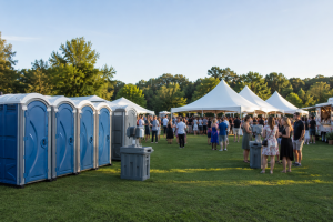 Portable restroom units positioned at a large outdoor event with guests and vendors