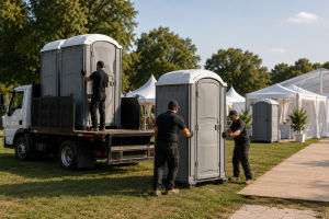 Portable restroom units being professionally delivered and positioned at an outdoor event site