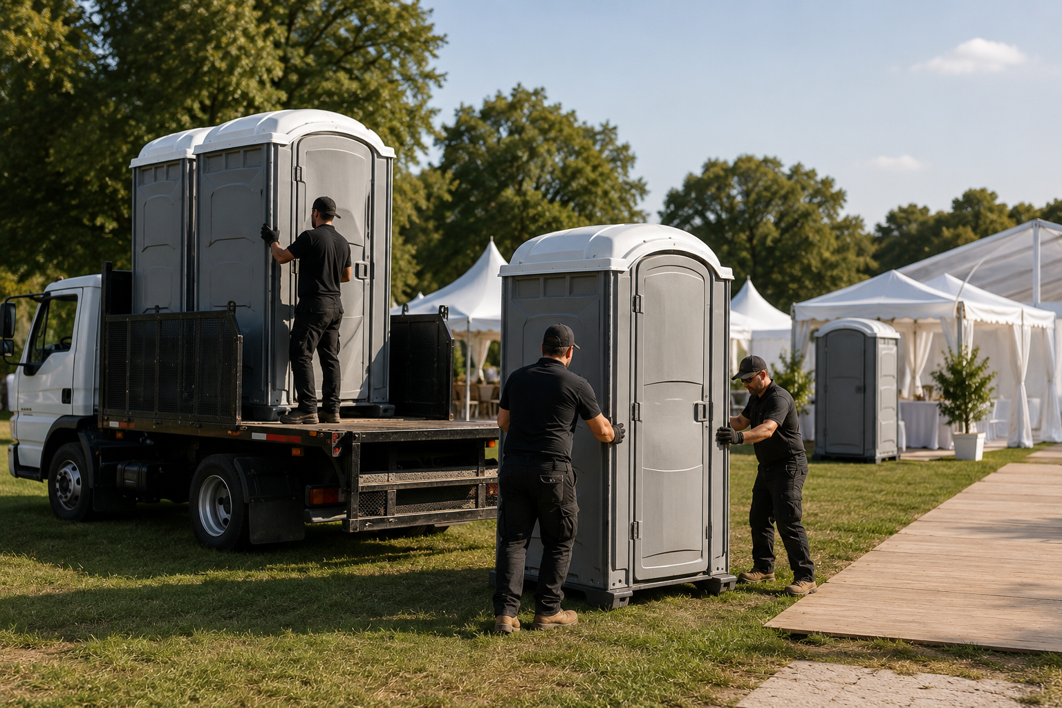 Portable restroom units being professionally delivered and positioned at an outdoor event site