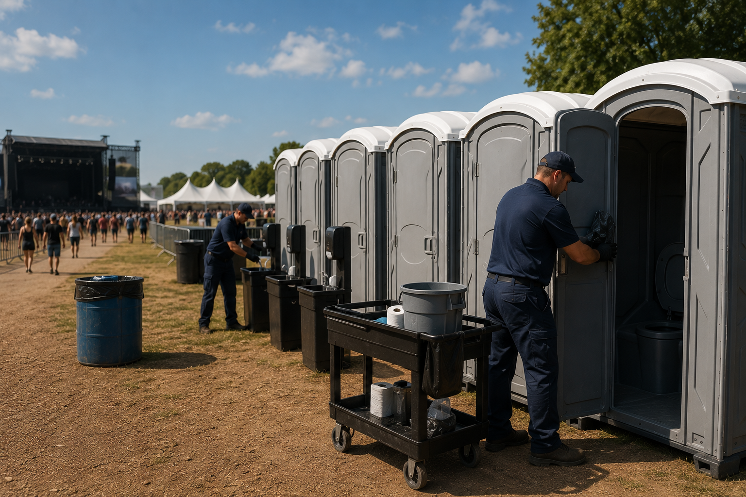 Portable restroom units being professionally serviced and maintained at a large outdoor event