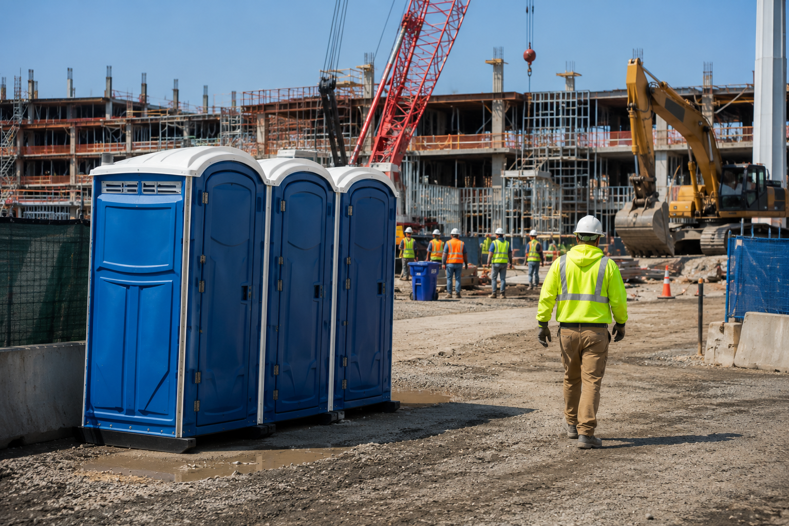 Portable restroom units positioned on an active construction site with workers and heavy equipment in the background.