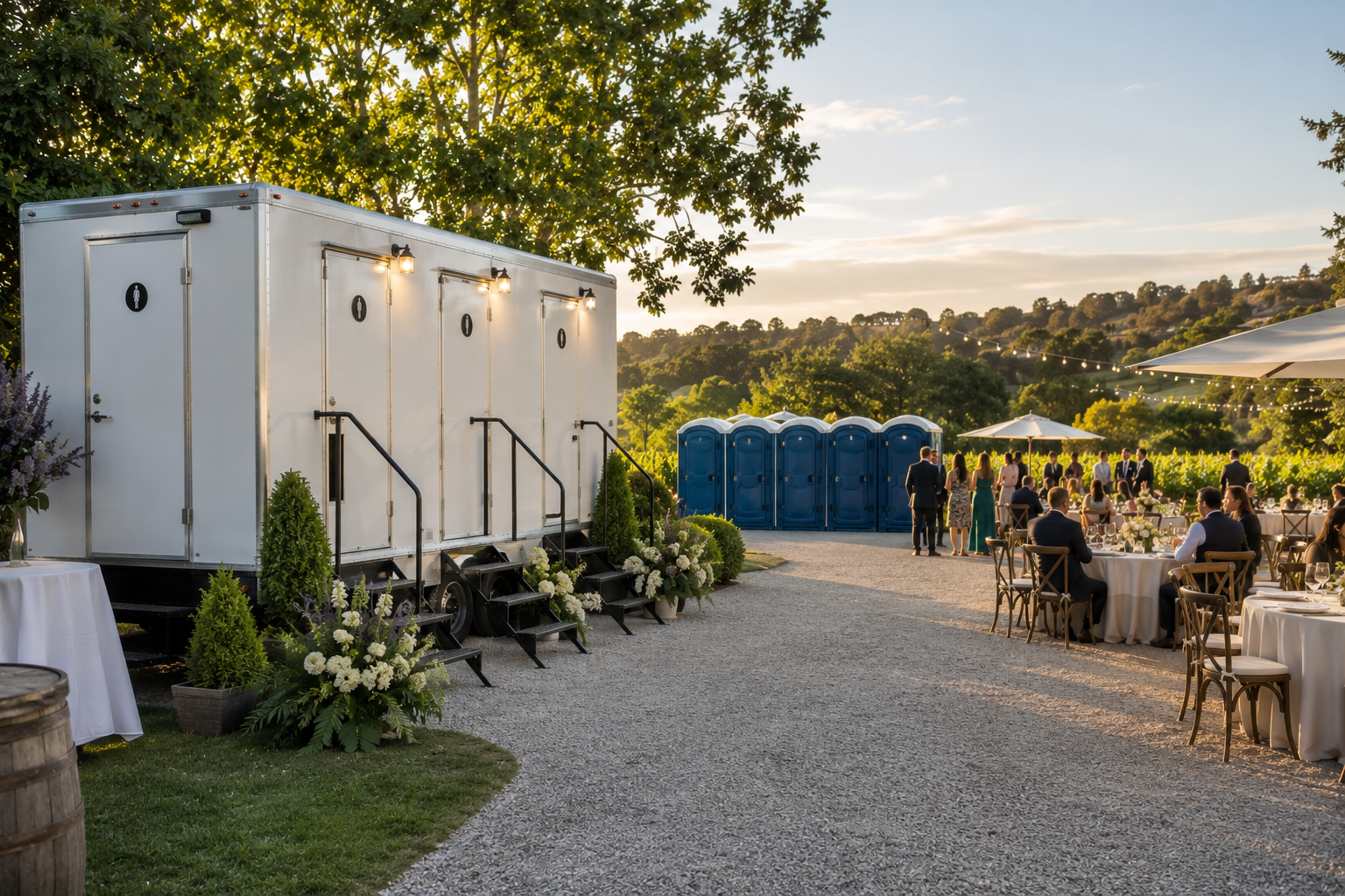 Luxury restroom trailer parked beside standard portable restrooms at an outdoor event venue.