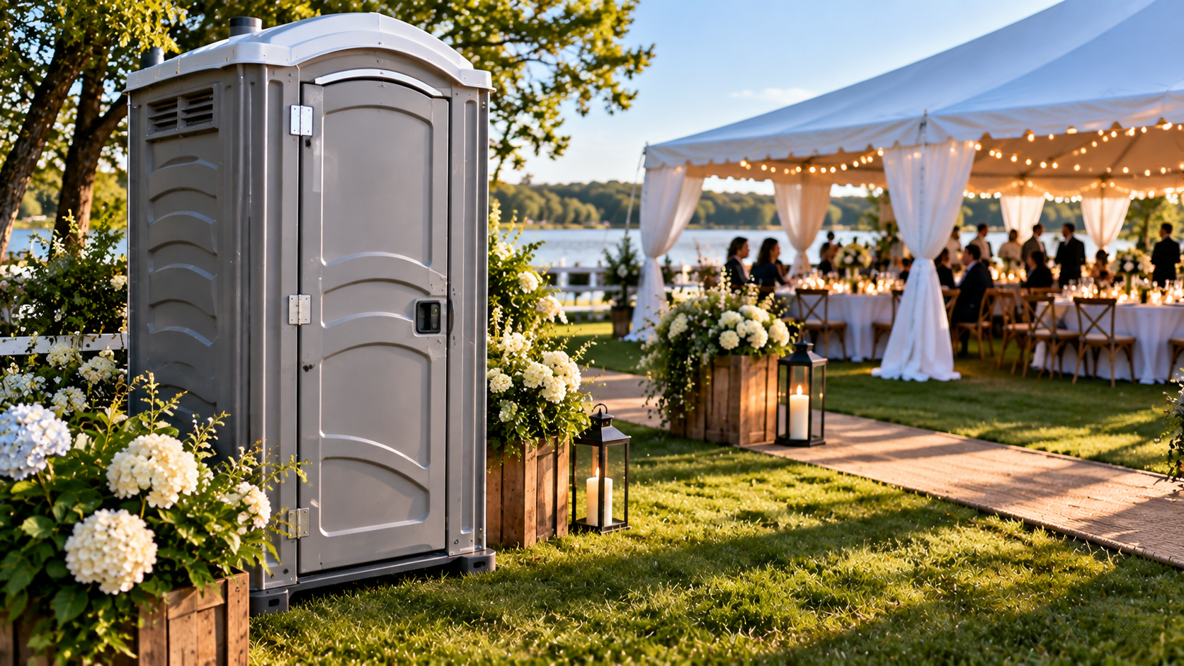 Luxury porta potty rental with VIP flushing toilet for outdoor events
